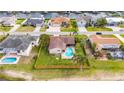 Aerial view of a beautiful backyard with a private pool and well-maintained lawn at 811 Eagle Ln, Apollo Beach, FL 33572