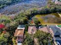 Aerial view of a home backing up to a natural Florida landscape with a pond providing privacy and natural beauty at 450 Liam Ave, Tarpon Springs, FL 34689