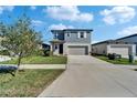 Attractive two-story home featuring a spacious driveway, well-manicured lawn and blue and gray facade at 3204 Fresno Pl, Zephyrhills, FL 33541