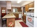 Cozy kitchen with a breakfast bar, granite countertops, mosaic backsplash, and wood cabinetry at 204 Amana Ave, Brandon, FL 33510