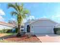 Charming single-story home featuring a well-manicured lawn, a palm tree, and an attached two-car garage at 9376 French Quarters Cir, Weeki Wachee, FL 34613