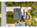 A lovely home is shown from an aerial perspective, showcasing the backyard pool and surrounding landscaping at 12597 83Rd Ave, Seminole, FL 33776