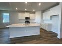 Modern kitchen featuring a large island, white cabinets, and stainless steel appliances at 17049 James Trl, Parrish, FL 34219