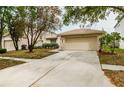 Charming single-story home featuring a manicured front yard, mature tree, and a two-car garage at 18186 Sandy Pointe Dr, Tampa, FL 33647