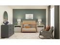 Bedroom with modern décor featuring a wooden crib, gray dresser, and patterned area rug at 9352 Bonita Mar Dr, Parrish, FL 34219