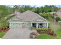 Aerial view of a home with a well maintained yard, paved driveway, and inviting front porch at 11882 Frost Aster Dr, Riverview, FL 33579