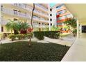 Lush courtyard with tropical plants, manicured landscaping, and walkways between the buildings at 2630 Pearce Dr # 107, Clearwater, FL 33764
