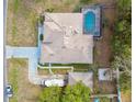 An aerial view displays a private pool, a jacuzzi, and a well-maintained backyard at 13635 Coronado Dr, Spring Hill, FL 34609