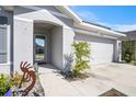 Close up of the home showcasing tidy landscaping, glass front door, and an attached two car garage at 1014 Coastal Hammock Ave, Ruskin, FL 33570