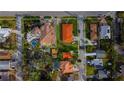 Overhead view showcasing the neighborhood, highlighting the tiled roofs, pools, and tree coverage at 715 Virginia Ave, Tarpon Springs, FL 34689