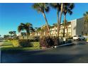 Exterior daytime view of condo complex with mature palm trees and attractive, manicured landscaping at 3400 Gulf Blvd # 304, Belleair Beach, FL 33786