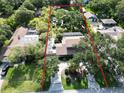 Spacious home with mature trees, screened pool, and large lot outlined in red at 1975 Levine Ln, Clearwater, FL 33760