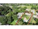 Aerial view showcases a beautiful blue home on a sprawling, tree-filled lot with a pool at 1975 Levine Ln, Clearwater, FL 33760