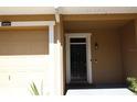 Close-up of the front door and one-car garage, showcasing the home's exterior details at 8010 Bally Money Rd, Tampa, FL 33610