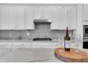 Modern kitchen featuring white cabinets, stone countertops, and stainless steel range hood at 11620 Bristol Chase Dr, Tampa, FL 33626