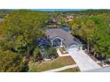 A beautiful aerial view of the home backing to a pond with mature landscaping at 3844 Wellington Pkwy, Palm Harbor, FL 34685