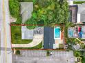 Aerial view of the property showcasing a pool, parking, and surrounding greenery at 405 S Lake Dr, Clearwater, FL 33755