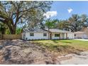 Exterior shot of a one-story white home with mature trees and a well-maintained lawn at 303 Suzette Dr, Brandon, FL 33511