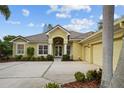 Beautifully landscaped home with double front doors, white columns, and a large driveway leading to a 2 car garage at 11815 Marblehead Dr, Tampa, FL 33626