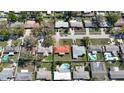 Overhead view of neighborhood featuring neatly arranged homes, mature trees, swimming pools and well-kept lawns at 1450 Highfield Dr, Clearwater, FL 33764