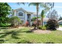 Landscaped front yard featuring lush green lawn and flowering plants enhancing curb appeal at 4037 Auston Way, Palm Harbor, FL 34685