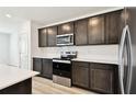 Modern kitchen boasts stainless steel appliances and dark wood cabinetry at 10537 Hidden Banks Gln, Parrish, FL 34219