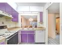 Efficient kitchen with purple cabinets and view into dining area at 1420 Oak Hill Dr # 102, Dunedin, FL 34698