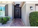 Charming front entrance featuring a decorative security door, brick walkway, and manicured shrubs at 328 Siena Vista Pl, Sun City Center, FL 33573
