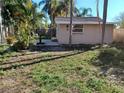 A fenced-in backyard with a beige shed, some young palm trees, and a small grassy area at 711 Smith St, Clearwater, FL 33756