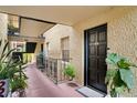 Inviting front door with a warm stucco exterior and decorative potted plants at 107 S Obrien St # 217, Tampa, FL 33609
