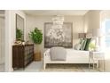 Comfortable bedroom featuring a bead-board bed, stylish chandelier, neutral color palette, and ample natural light at 106 Lilyan Ct, Rotonda West, FL 33947