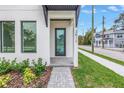 Inviting front entrance features stylish gray walkway landscaping and a modern door with large glass panels at 2810 N Massachusetts Ave, Tampa, FL 33602