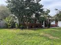 View of home featuring mature landscaping and brick accents with red shutters at 16240 Lake Palm Dr, Lutz, FL 33549