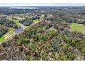 Aerial view of wooded property outlined in red near a golf course at 2690 E Lake Trl, Tarpon Springs, FL 34688