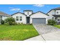 Beautiful single-Gathering home featuring a manicured lawn and a stylish two-car garage at 34303 Radley Way, Wesley Chapel, FL 33545