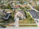 Aerial view of a single-Gathering home with a two-car garage, a well-manicured lawn, and mature landscaping at 22516 Magnolia Trace Blvd, Lutz, FL 33549