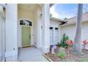 Inviting entryway with a green front door, manicured landscaping, and well-lit porch at 6427 Weatherwood Cir, Wesley Chapel, FL 33545
