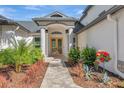 Inviting front entrance with a paved walkway, manicured landscaping, and double doors beneath an elegant portico at 10218 Garden Alcove Dr, Tampa, FL 33647
