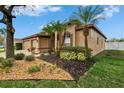 Landscaped front yard of a single-story home, featuring palm trees, shrubs, and a two-car garage at 1220 Emerald Hill Way, Valrico, FL 33594