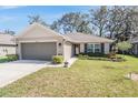 Inviting single-story home with manicured lawn, flowering shrubs, neutral color palette, and a two-car garage at 13134 Precept Way, Hudson, FL 34669