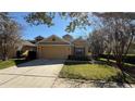 Inviting home with a well-kept lawn and a two-car garage, enhanced by mature trees at 8906 Iron Oak Ave, Tampa, FL 33647