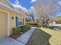 Side yard view showing well-kept lawn and garden beds with a glimpse of the neighborhood street at 8906 Iron Oak Ave, Tampa, FL 33647