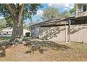 Exterior view of a townhouse with muted tones and a fenced patio under the shade of a large tree at 8001 Jasmine Dr # 8001, Temple Terrace, FL 33637
