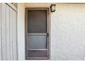 Close-up of a screen door with a dark frame, set against a textured, light-colored exterior wall and a wall mount light at 8001 Jasmine Dr # 8001, Temple Terrace, FL 33637