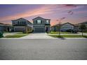 Exterior view of two-story home at dusk, featuring a landscaped front yard and ample driveway space for parking at 35542 Buttonweed, Zephyrhills, FL 33541