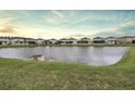 Scenic view of a tranquil pond surrounded by lush green grass and community homes at 7446 Yale Harbor Dr, Wesley Chapel, FL 33545