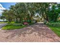 Picturesque entrance to Land's End, featuring a brick driveway lined with lush greenery and mature trees at 7564 Bayshore Dr # 207, Treasure Island, FL 33706