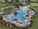 Community pool featuring sun loungers, umbrellas, palm trees, and a clubhouse for residents to enjoy at 413 Sun Chaser Dr, Nokomis, FL 34275