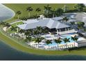 Aerial view of a community clubhouse with a pool, lounge chairs, and landscaping at 11953 Vista Park Ter, Venice, FL 34293