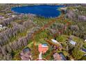 Aerial view shows the property's expansive wooded land and proximity to a serene lake at 18312 Pleasant Ridge Pl, Lutz, FL 33548